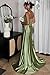 Silver Satin Prom Dresses Long with Slit Appliques Satin Pleated Mermaid Formal Gown Spaghetti Straps Prom Dress Size 12