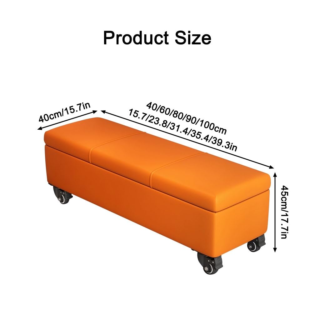Banc Coffre Ottoman à roulettes - Banc de Bout de lit pour Salon et Chambre - Revêtement en Similicuir - Repose-Pieds élégant - Coffre de Rangement (Orange 80 cm)