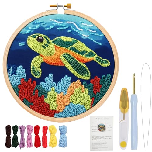 Image of Punch Needle Embroidery Kit for Adults & Kids - Green Sea Turtle Design - Modern Style - Includes Fabric, Yarn, Needle, Hoop, Threader & Instructions
