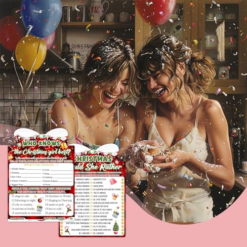 Image of Christmas Card Game, Christmas Bow Themed Party Activities and Creative Supplies, Who Knows The Christmas Girl?, Christmas Supplies Set, 20 Game Cards (4x6 inches)