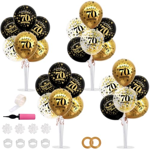 Image of TONIFUL 4 Set Black Gold 70 Printed Balloon Stands for 70th Birthday Decor