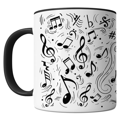 KINAPATO Music Mug - Music Notes Pattern - Cool Musician Pianist Guitarist Gift Idea For Mens and Womens White/Black 11oz Ceramic Coffee Mug