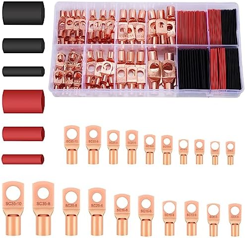 174pcs Copper Wire Lugs Battery Cable Ends Battery Terminals Connectors, AWG 2 4 6 8 10/12 Gauge Wire Connectors, 87Pcs Wire Lugs Terminal Connectors with 87Pcs Heat Shrink Tubing for Marine
