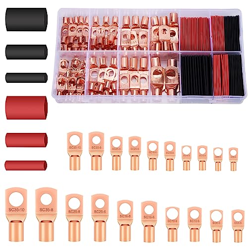 174Pcs Copper Wire Lugs Battery Cable Ends Battery Terminals Connectors, Awg 2 4 6 8 10/12 Gauge Wire Connectors, 87Pcs Wire Lugs Terminal Connectors With 87Pcs Heat Shrink Tubing For Marine #TOP14