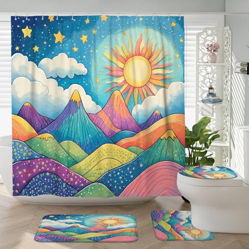DESIHOM 4PCS Fun Cartoon Mountain Shower Curtain Sets with Non-Slip Rug, U Shape and Toilet Lid Cover Mat, Abstract Trippy Home Decor, Bathroom Accessory with 12 Hooks