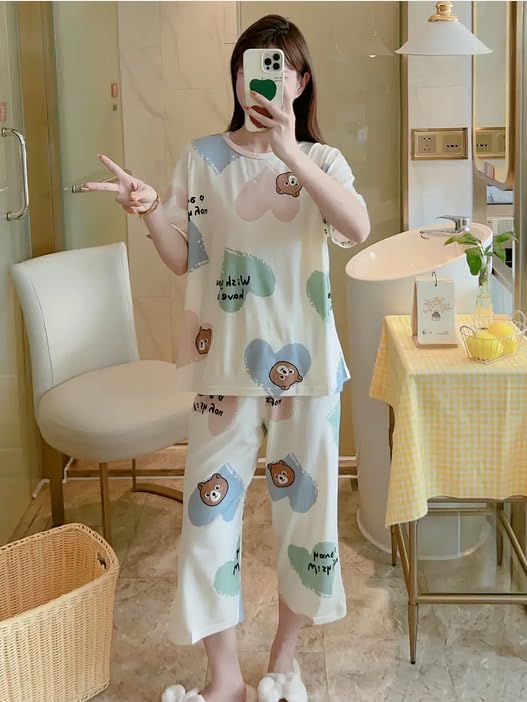 Image of Lunza Women's Cotton Pajama Set with Top & Pants|| Korean Night Suit|| Lightweight Printed Set || Soft & Comfy Sleepwear for Girls & Women