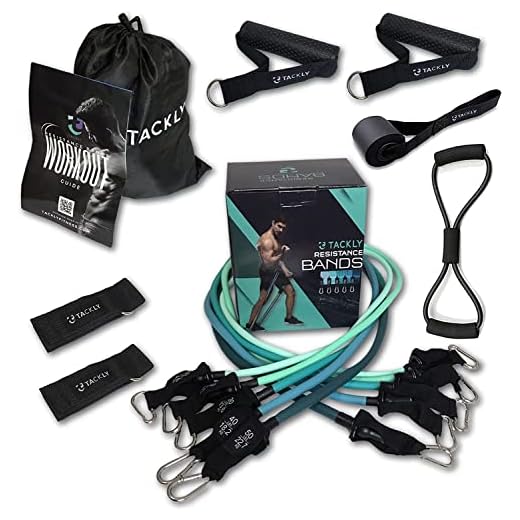 TACKLY Gomas elásticas musculación hasta 150 LB / 68kg con Accesorios Ejercicio Fitness - Kit Gym en casa con 5 Niveles Bandas elasticas de Resistencia - Cintas/Cuerdas elásticas Deporte hogar