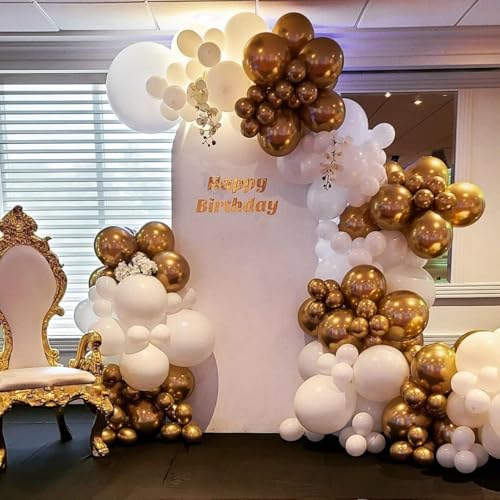 Image of White and Gold Balloon Arch Kit, 146Pcs Explosion Star White Metallic Gold Latex Balloon Garland kit, 22 18 12 10 5 Inch Different Size Balloons for Anniversary Birthday Engagements Party Decorations