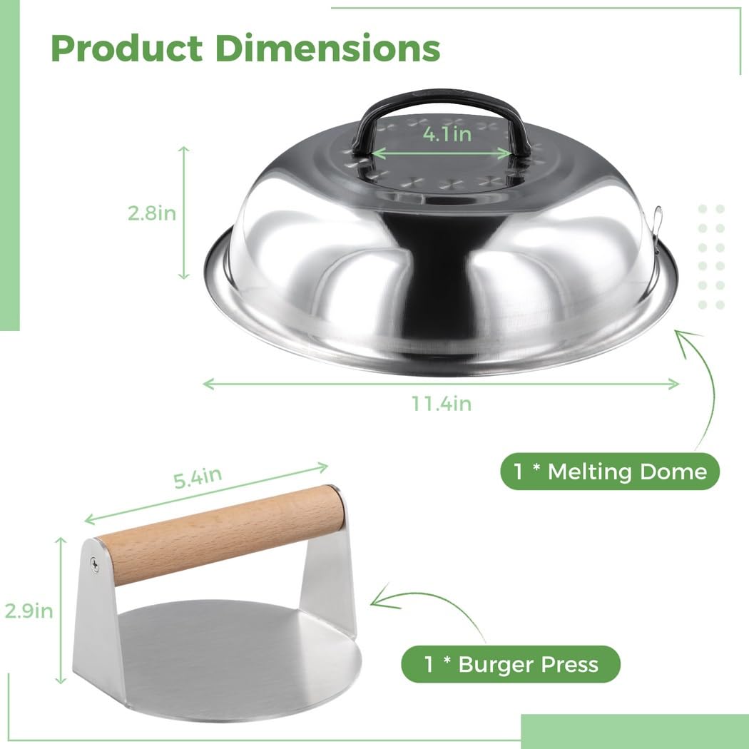 Burgerpresse und 29 cm Schmelzkuppel, Edelstahl-Burgerpresse zum Grillen und Kochen, 13 cm
