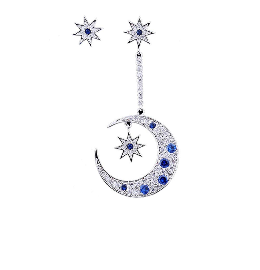 S925 Pure Silver Needle with Tiny Blue Zircon Rhinestone Asymmetric Stars and Moon Hook Earrings Stud