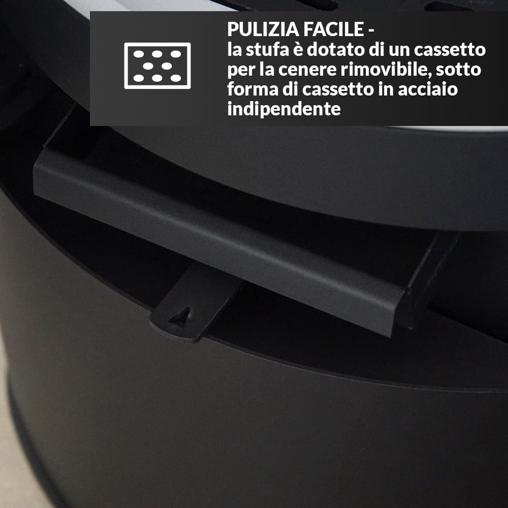 KRATKI Stufa a legna in acciaio ROLLO 7 kW Ø150 A Ecodesign alta efficienza | Acciaio nero, efficienza 80,1%, classe A. Ecodesign, BImSchV 2; per recupero calore.; combustione efficiente; basse emissioni