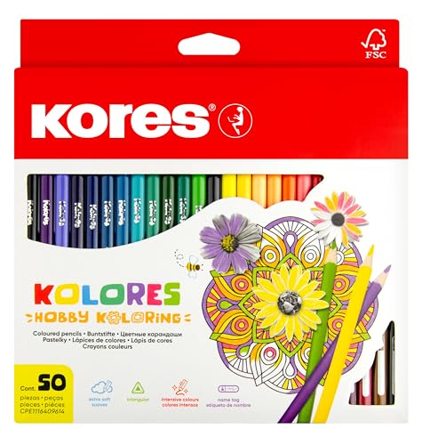 Kores – färger: 50 färgpennor för barn, nybörjare och vuxna med mjuk bly och triangulär form, uppsättning med 50 utvalda färger