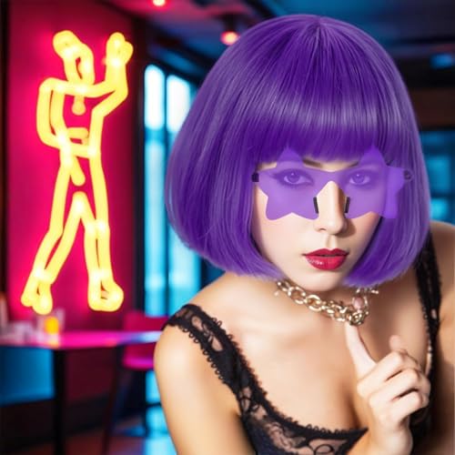 Image of ANOGOL Purple Bob Wig with Bangs Purple Wigs Women Lavendar Colored Wigs | Hair Cap+Sunglasses Short Neon Wig for Bachelorette Party Funny Outfit for Women Halloween Costume Night Club Crazy Hair Day