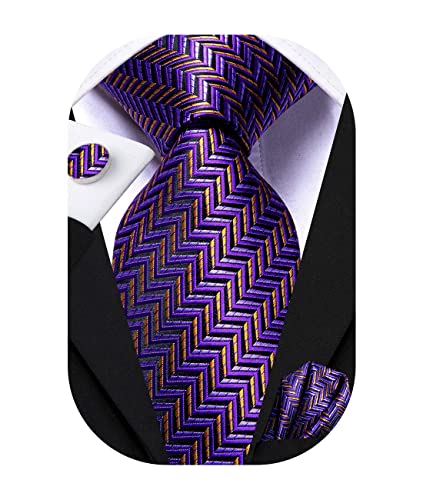 Image of Hi-Tie Men Ties Sets Silk Stripe Paisley Necktie Pocket Square Cufflinks for Business Wedding