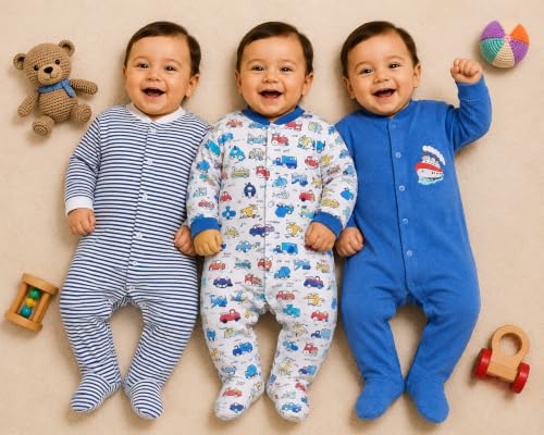 Image of EIO 100% Cotton Rompers /Sleep Suits /Jumpsuit /Night Suits for Baby Boys & Girls, Infants, New Born Pack of 3