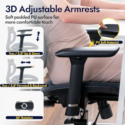 TONFARY Ergonomic Office Chair - Breathable High Back Armchair with Mesh Lumbar Support, 130° Tilt Backrest, Adjustable Seat Depth & 3D Armrest - Big and Tall, Swivel Rolling, Supports Up to 330 LBS - Image 4