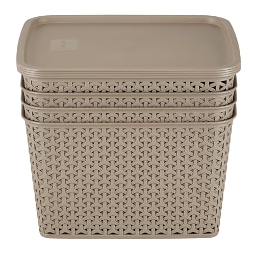 Image of KOLORR Royal Baskets 4 Large Basket with 4 Lid - LT Brown | stackable| easy to clean | strong and durable | BPA free | Multipurpose Plastic Storage Basket, Rectangular