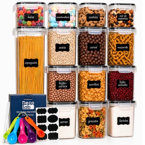 Decolab Kit Potes Herméticos Plástico com Vedação BPA Free - Organizador de Geladeira, Porta Cereais, Temperos e Mantimentos (15, transparente, Retangular) 4x 0,8L / 6x 1,4L / 4x 2,0 / 1x 2,8L