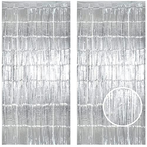 3FTx8FT Foil Fringe Bacdrop Metallic Tinsel Foil Fringe Curtains Party Decorations Metallic Tinsel Shimmer Photo Backdrop Prime Dasy Baby Shower Door Hanging (3FTx8FT, Silver)