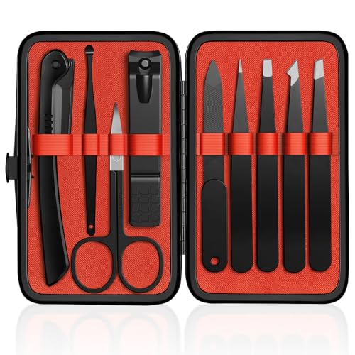 Keiby Citom Pinzas Profesionales y Cortauñas Set 9 Piezas Cejas Kit de Pinzas de Precisión-Desplumador de Cejas de Acero Inoxidable con Estuche de Cuero（Negro/Rojo）