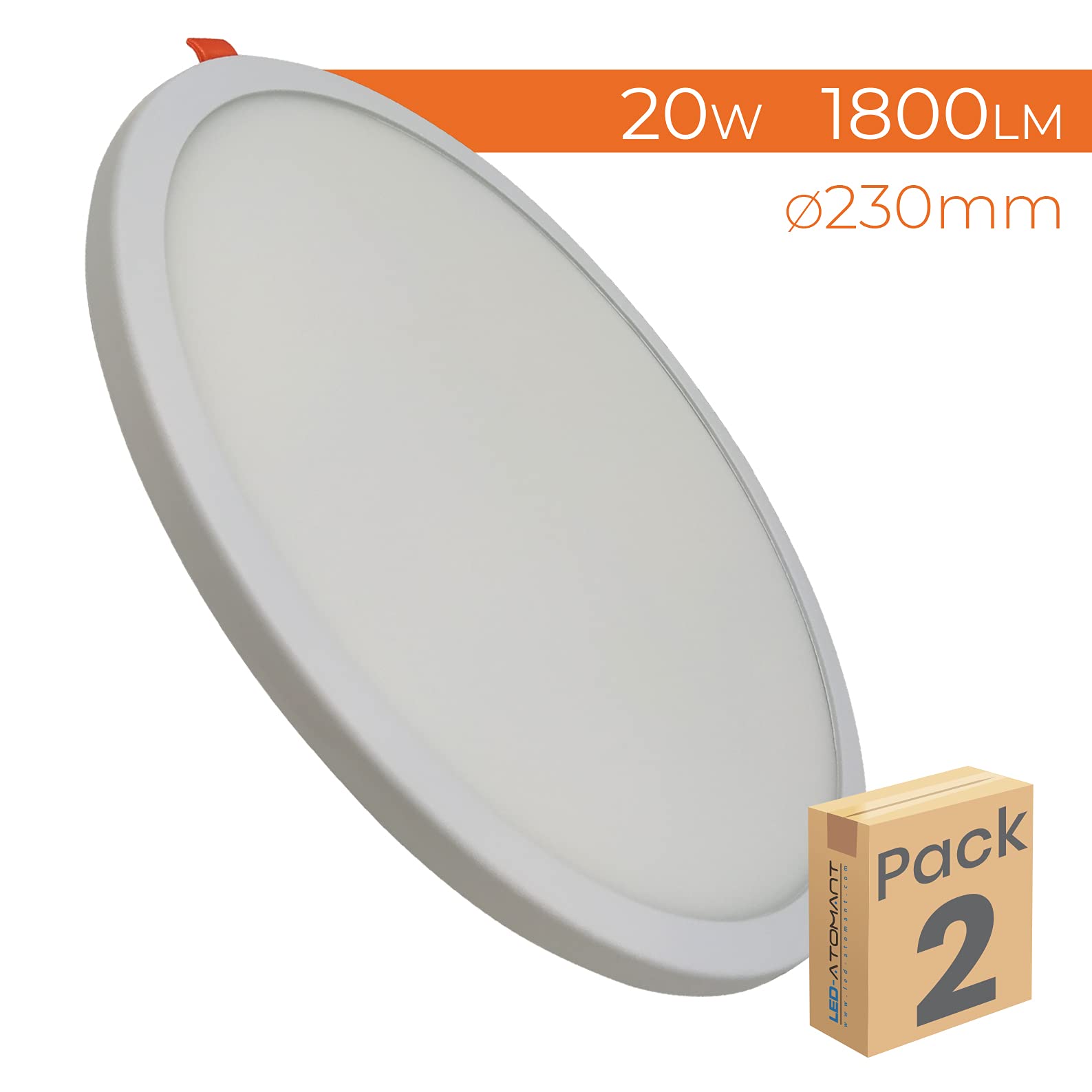 LED ATOMANT Lot de 2 Panneau LED Encastrable Downlight Rond Plat Coupe Réglable (50-180mm) 20W, Couleur Blanc Neutre (4500K), 1800 Lumens, Driver inclus