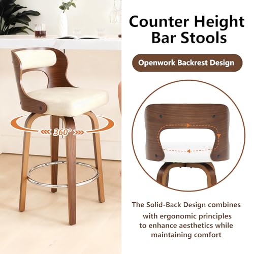Image of Swivel Bar Stools Set of 1, 26 inch Counter Height Bar Stools, Mid-Century Modern PU Leather Modern Island Chairs with Back and Footrest, for Kitchen, Bar, Restaurant, Cafe (White)