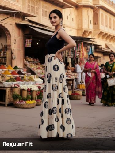 Image of GRECIILOOKS Women's Casual Summer Beach Skirts | Maxi Skirt for Women High Waist | Boho Ethnic Flared Skirts | Indian Long Skirt Rayon Printed | Elastic Waist Long Skirt's for Women