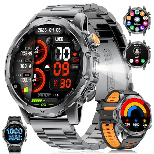 Reloj Inteligente Hombre con Llamadas/Batería 1000 mAh para Android iOS, 1,53' HD Grande Smartwatch Militar con Frecuencia Cardíaca/129 Modos Deportivos, IP68 Resistente al Agua, Linterna, 3 Correas