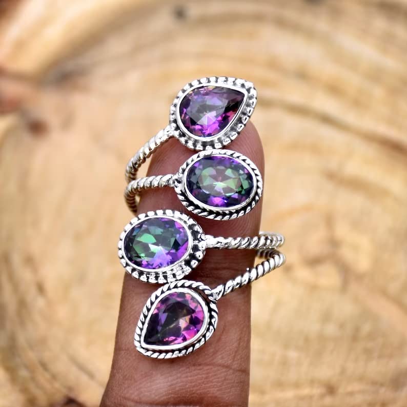 Miniatura 4 de Anillo de topacio místico, anillo de topacio de fuego arcoíris, plata de ley 925, estilo vintage, anillo de regalo de primera noche, el mejor regalo