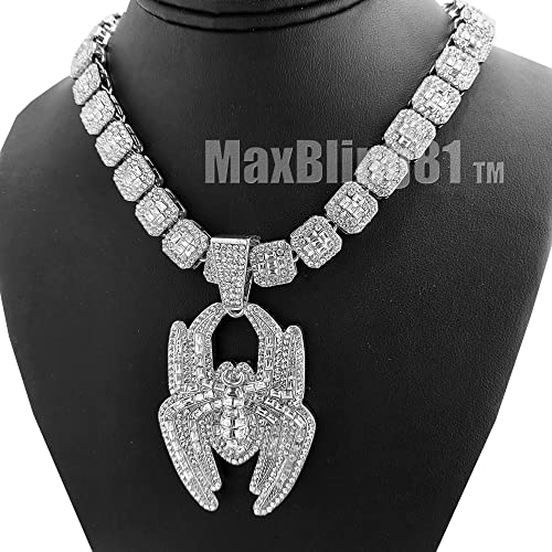 Silver plated Large SPIDER Icy Charm Pendant & 12mm 16" 18" 20" Iced Baguette Stone Chain Hip Hop Jewelry Bling Fashion Necklace2