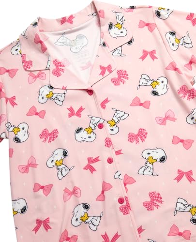 Image of COCO BRANDS Peanuts Snoopy Womens Pajama Set - 2 Piece Short Sleeve Button Down Sleep Shirt and Pajama Shorts