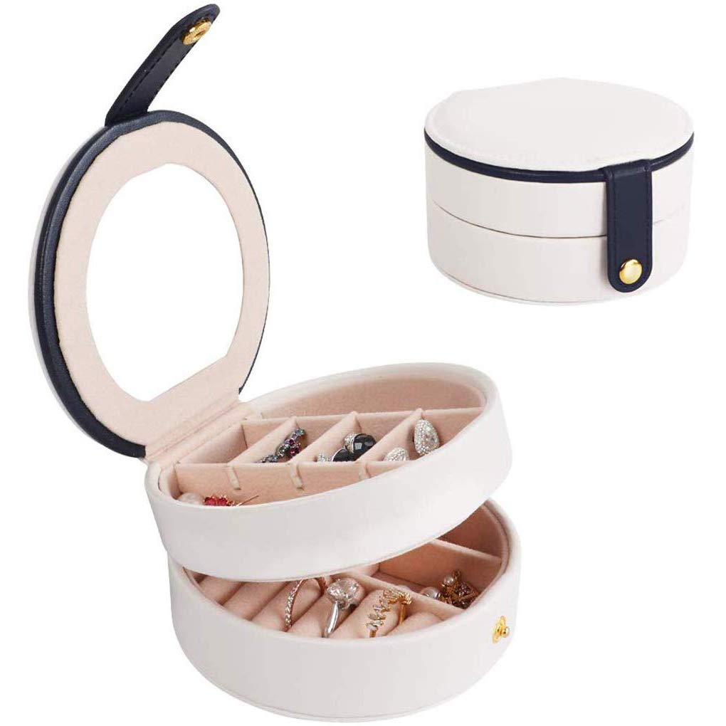 Photo 1 of Travel Jewelry Organizer Box with Mirror PU Leather Multi-Layer Portable for Earring,Lipstick,Necklace,Bracelet,Rings, White