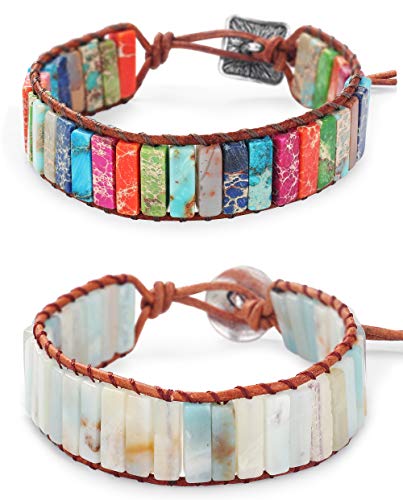 LOYALLOOK 2Pcs Women Men Imperial Jasper Chakra Bracelet Handmade Leather Sunflower Adjustable Wrap Bead Bracelet