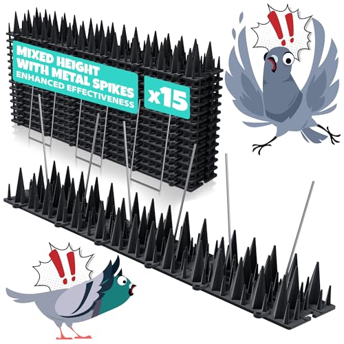 15 Pack Upgraded Bird Deterrents for Outside Patio - Balcony Pigeon Deterrent with 2400 Spikes to Keep Birds Away. Anti Bird Spikes for Pigeons and Other Small Birds, Crows, Woodpecker Deterrents
