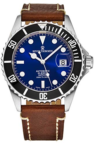 Men's 17571.2523 'Diver' Stainless Steel Blue Luminous Dial Date Brown Leather Strap Automatic Watch