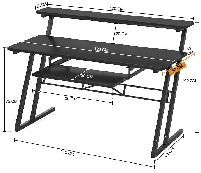 Image of FFO Music Studio Desk with Keyboard Tray | Multipurpose Work Desk for Home Office | Computer Table for Home, Office & Music Production | Laptop PC Workstation | Black | 120L x 60W x 100H CM | DIY
