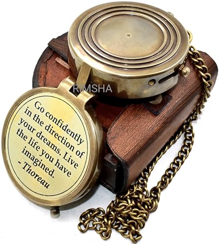 Brújula de bolsillo magnética náutica antigua con grabado y estuche de cuero Rimsha miniatura 2