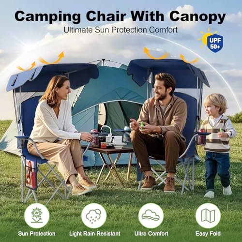 VTOY Portable Camping Chair with Canopy - Folding Chair with Canopy, Durable 600D Oxford Canopy Chair for Camping, Beach, Picnics, Fishing & Sports (1 Pack Navy Blue)