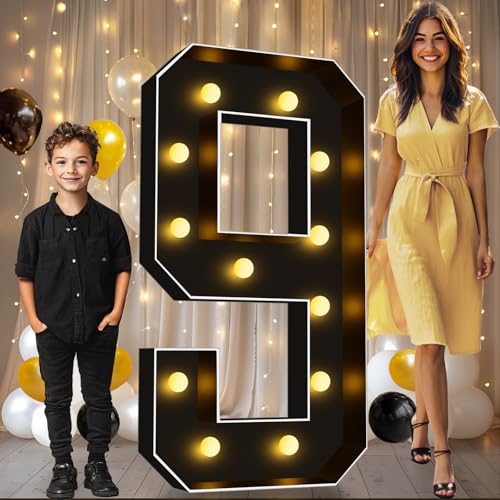 Image of Pooqla 4 FT Light Up Marquee Numbers, Black Marquee Number Lights 4 Feet Tall for 9th 19th 90th Birthday, Giant Letter Big Mosaic Numbers for Balloons Party Anniversary Wedding Decorations, Number 9