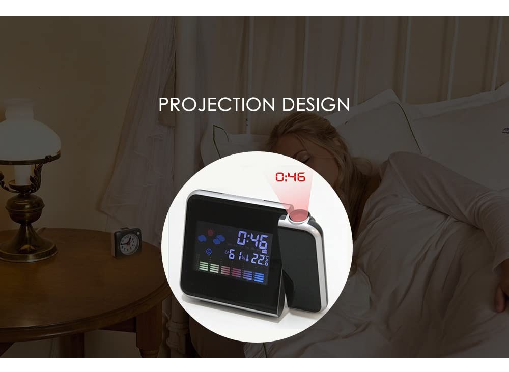 DCYEQRQ Projection Alarm Clock Digital Color Screen 12/24 Display Temperature Humidity Weather Forecast LED Alarm Clock