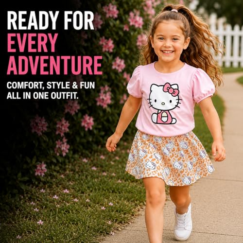 Image of Hello Kitty Girls Skort Set - 2 Piece Graphic Crewneck Top and Short Skort Cute Outfit Set (Sizes: 2T-12)