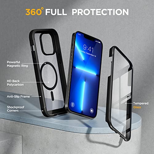 Image of Miracase Magnetic for iPhone 13 Pro Max Case 6.7 inch, (Compatible with MagSafe) Upgrade Full-Body Clear Phone Bumper Case with Built-in 9H Tempered Glass Screen Protector, Magnetic Classic Black
