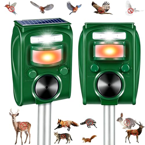 2Pack Upgraded Bird Deterrent Solar Animal Repellent Ultrasonic Outdoor with Motion Sensor Strobe Light for Pigeon Woodpecker Cat Rabbit Raccoon Squirrel Skunk Deer Repellent Devices for Yard Garden