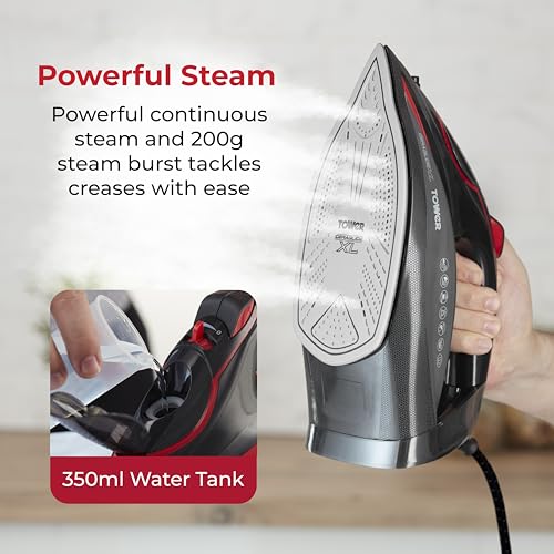 Tower T22032RED Steam Iron with Ceraglide XL Ceramic Soleplate, Adjustable Temperature Control, Anti-Drip & Anti-Calc, Auto Shut Off 350ml Water Tank, 3100W, Red & Black - Image 6