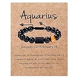 SUMMER LOVE Zodiac Bracelet for Men Women 10mm Natural Black Onyx Stone Star Sign Constellation Horoscope Bracelet Gifts (Aquarius)