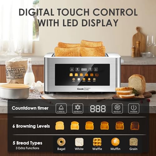 Image of Long Slot Toaster 4 Slice, Geek Chef 1.5 inch Touch Screen Extra Wide Slots for Bagels & Waffles, 6 Browning Levels, Timer, Reheat, Defrost, Cancel Function, Removable Crumb Tray, Stainless Steel
