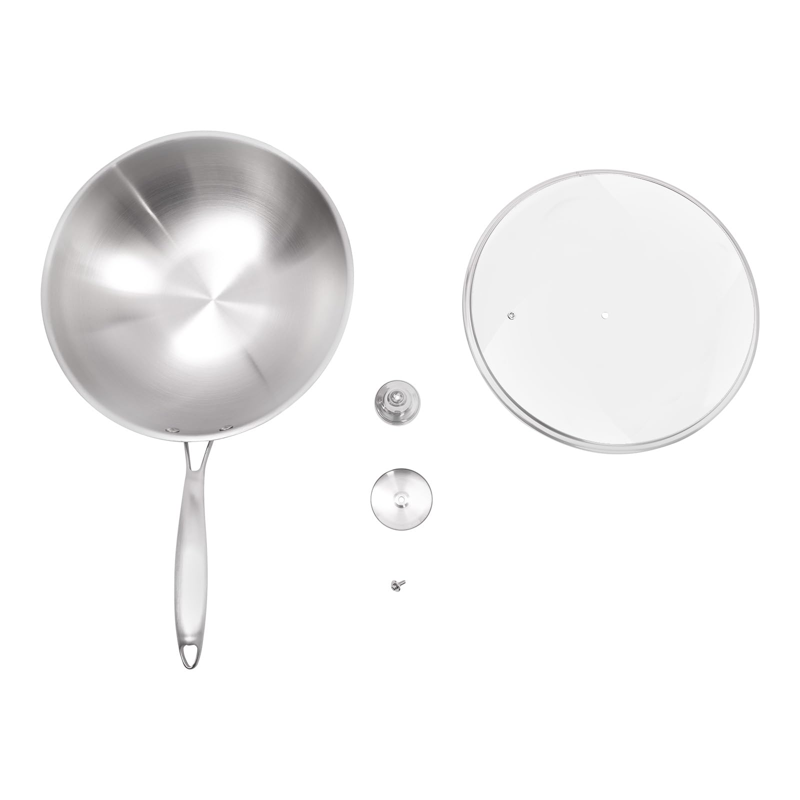 Sartén wok de 30 cm, sartén con tapa wok de acero inoxidable para cocinar platos asiáticos para inducción, eléctrica, gas (plata, 30 cm)