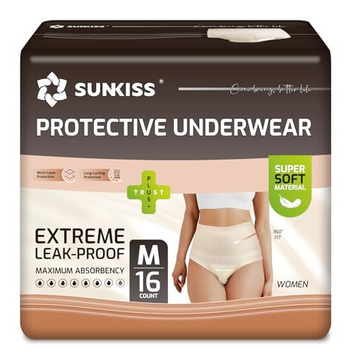 SUNKISS Pañales Adultos Mujer, Bragas Desechables Incontinencia y Postparto, Ropa Interior Absorbente Máxima Protección, Color Beige, Talla M, 16 Unidades