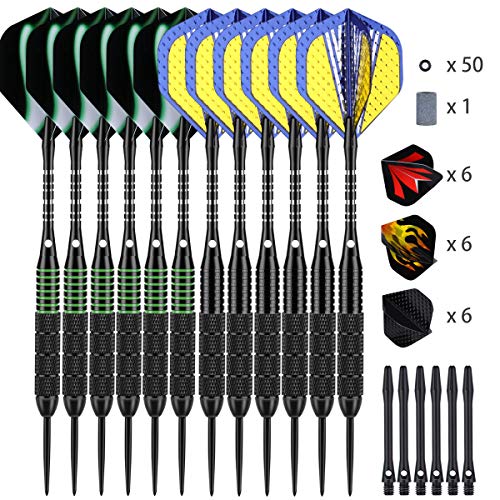 sanfeng Dardos, 12 Pack Dardos Punta de Acero (6 x 22/6 x 24 Grams), Dardos Profesional de Acero con 18 Ejes de Aluminio 30 vuelos 50 Juntas tóricas Antideslizantes de Goma 1 Dart Sharpener