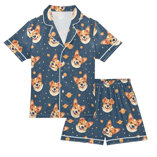 Space Corgi Summer Satin Pajama Set, Cute Button-Down Sleepwear Pj Set for Sleep Wears